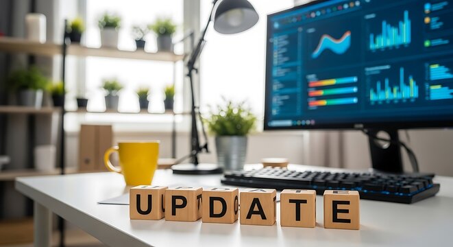 Update wooden blocks sit on a clean desk before a glowing computer monitor showing financial charts and data. Ideal for technology upgrade and software release marketing.