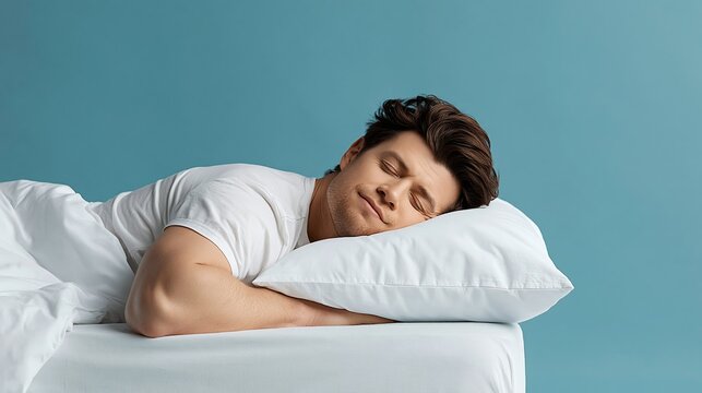 Man sleeps peacefully on white pillow. Calm expression suggests restful, deep sleep. Soft lighting highlights relaxed features and serene atmosphere. Ideal for wellness, sleep