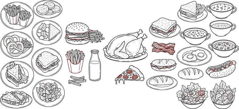 Hand drawn food collection with burgers, sandwiches, pizza and breakfast meals, detailed restaurant menu doodle vector set isolated on white background