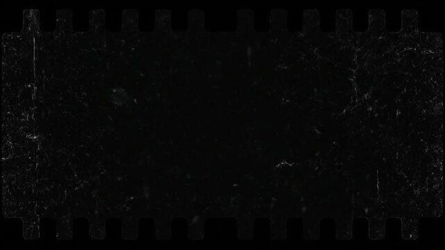 Grungy black film scratch texture frame with vintage sprocket edges for cinematic overlay and distressed background 4K loop