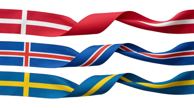 Waving flag ribbons layout of Denmark Iceland and Sweden PNG transparent background