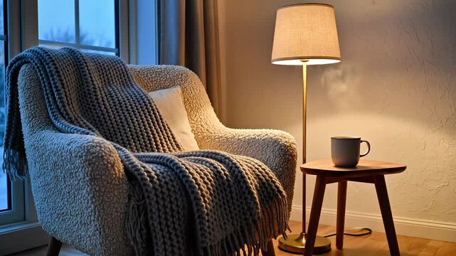 Cozy living room corner with armchair, side table, and lamp