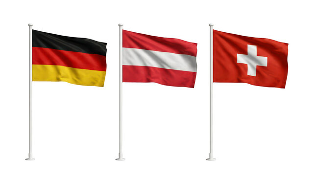 Flags of Germany Austria and Switzerland on poles PNG transparent background