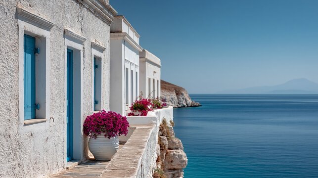 White walls line a seaside path with blue shutters. Purple blooms add color against the stone railing. Bright blue sea stretches to a distant hazy horizon