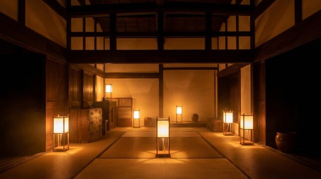 Interior of a traditional Japanese house illuminated by glowing paper lanterns on tatami mat floors at night.
