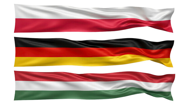 Waving flag ribbons of Poland Germany and Hungary PNG transparent background