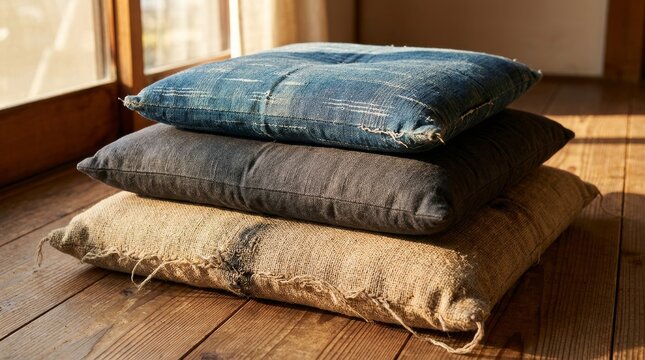 Stacked traditional floor cushions in a sunlit room on a rustic wooden floor