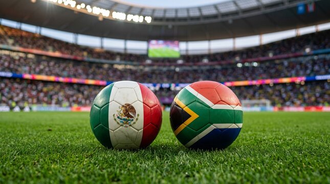 Two soccer balls decorated with the national flags of Mexico and South Africa resting side by side on a green grass field inside a crowded sports stadium