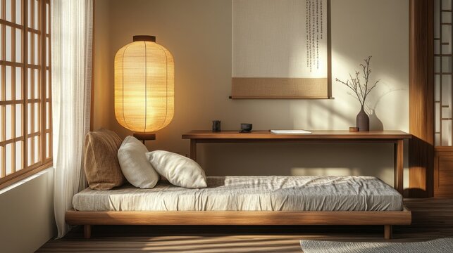 A serene Japanese-style room with a daybed and traditional lantern.