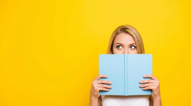 Young blonde woman over isolated yellow wall holding and reading a book. Curious Young Blonde Woman Peeking Behind Light Blue Notebook on Yellow Background