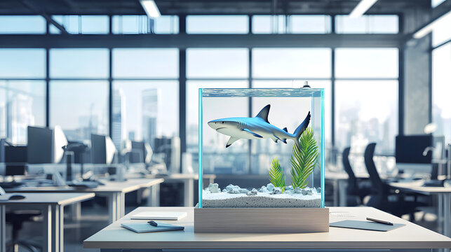 A shark swims in an aquarium in a workroom at a business center