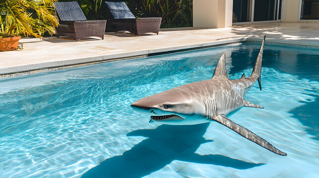 A shark in a pool near a luxury home on a sunny day