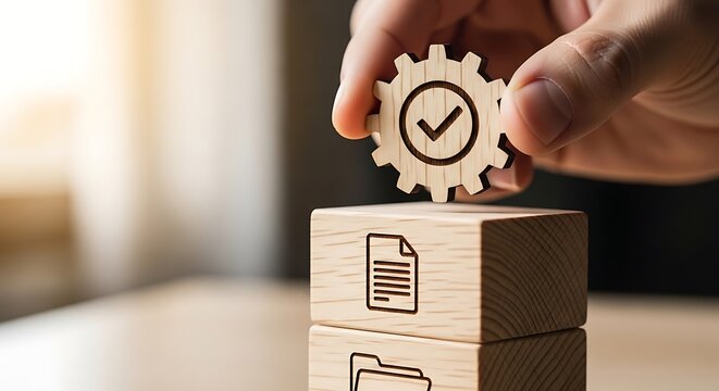 Quality assurance gear held by hand over wooden document icons in soft natural light. Macro shot with shallow depth of field. Ideal for business operations and SOP documentation marketing.