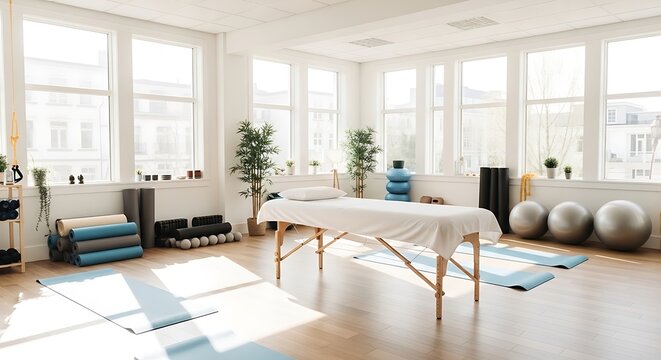 A spacious and well-lit modern physical therapy or rehabilitation gym, featuring various exercise equipment like resistance bands, weights, stability balls, and a treatment table