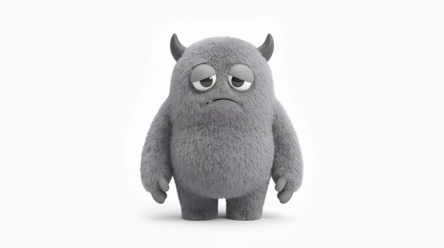 Sad grey furry monster with horns on white background. Cute cartoon creature feeling unhappy and lonely. Banner template of mythical character for children book and animation design with copy space.