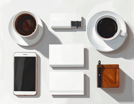 Flat Lay Coffee Cups Smartphone USB Flash Drive Blank Cards Brown Leather Wallet Minimalist Workspace Productivity Lifestyle Photography for Adobe Stock Viral Ranking