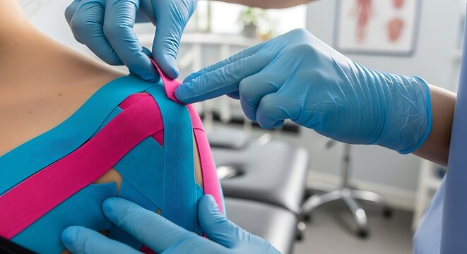 Kinesiology taping treatment with blue and pink tape on athlete patient injured arm. Woman hands apply kinesio treatment after sports muscle injury.