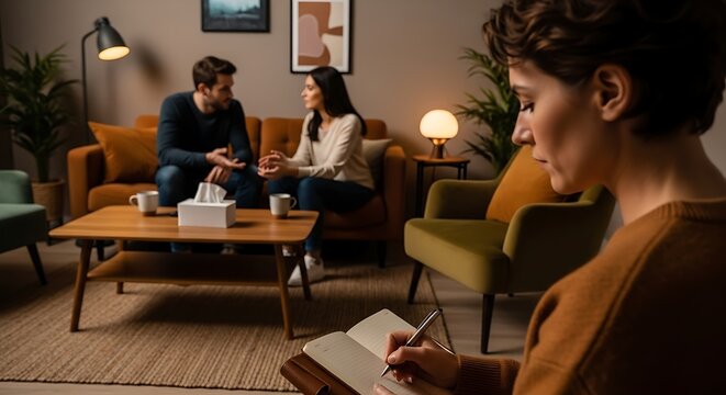 Unrecognizable female psychologist talking notes in notebook during therapy session with couple in office