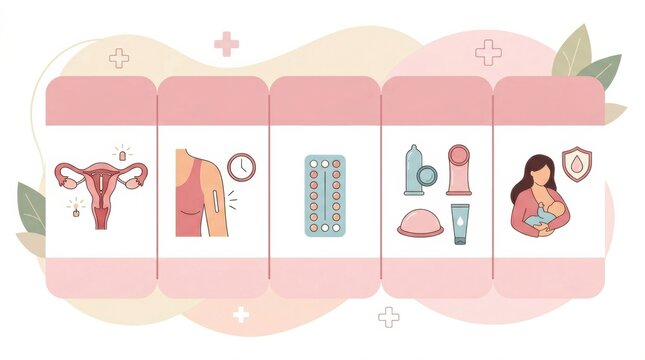 This collection highlights various postpartum contraception options with simple icons representing each method clearly and informatively.