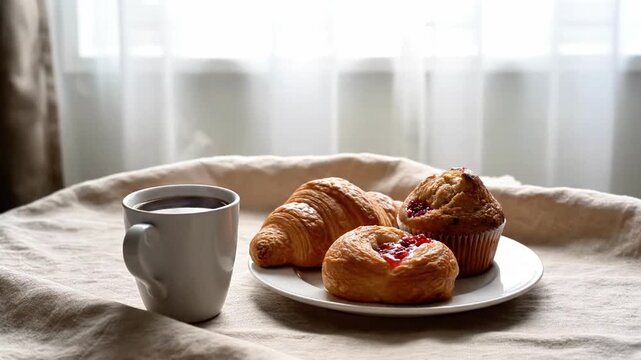 A serene breakfast scene featuring a steaming cup of coffee and assorted pastries on a white plate, set against a softly lit background with a window and sheer curtains. Defects No defects found