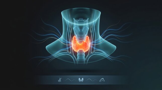 Glowing thyroid gland illustration with anatomical details and energy flow