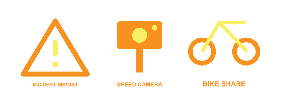 Icons for safety, traffic monitoring, and cycling services.