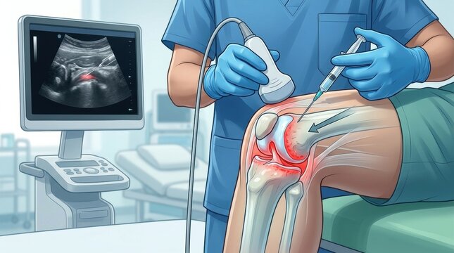 Doctor performs ultrasound-guided knee injection for pain relief and treatment