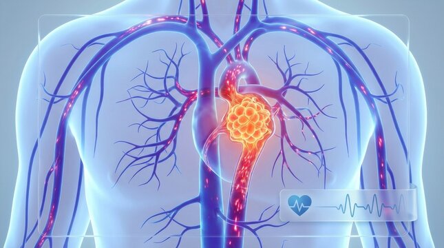 Close-up of a human circulatory system with a highlighted aortic aneurysm