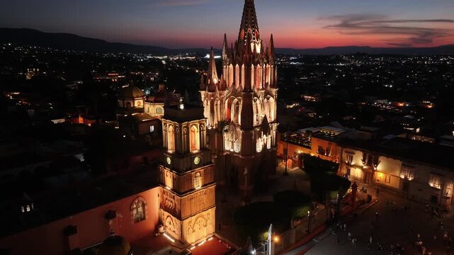 night aerial view of the ancient city of San Miguel Angel Main Church in Mexico