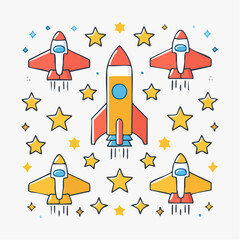Obraz premium Cartoon Rockets and Spaceships with Stars