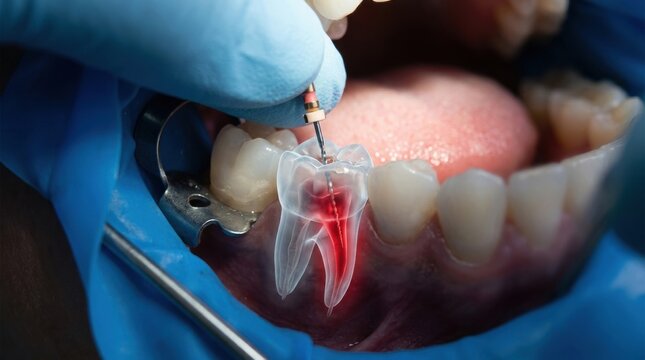 Dentist performing root canal treatment on a tooth with visible inflamed pulp