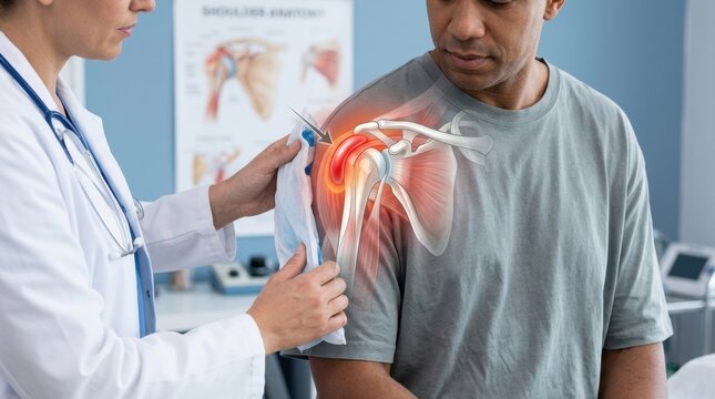 Doctor examines patient's shoulder with highlighted pain and anatomical illustration