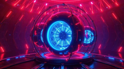 Fototapeta premium Futuristic interior. Glowing sphere dominates space. Red, blue lights create dramatic effect. Complex geometric patterns visible. High tech environment.