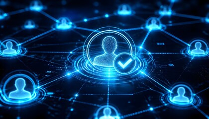 Fototapeta premium Futuristic digital network with glowing human profile icons connected through neural pathways in blue tech background