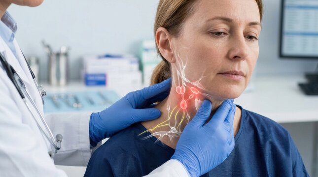 Doctor examining a patient's neck with highlighted lymph nodes and nerves