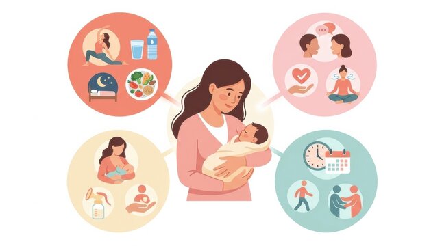 A mother holds her newborn while various icons show aspects of health, nutrition, parenting, and connection in their lives.