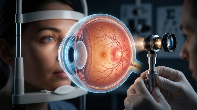 Ophthalmologist examines patient's eye with specialized equipment for detailed vision check