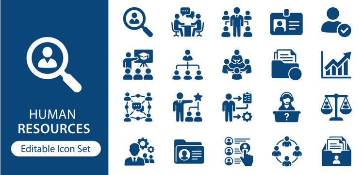 Human Resources Solid Icon Set, Workforce Management and Employee Administration Icons for Recruitment, HR Operations and Corporate Teams UI UX Design