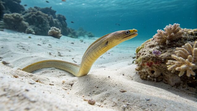 Pacific spaghetti eel emerging from the sandy seabed in a tropical underwater habitat