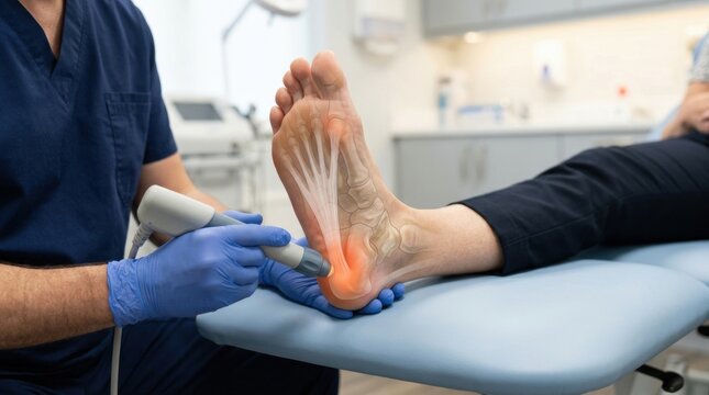 Podiatrist uses shockwave therapy device on patient's heel with plantar fasciitis illustration