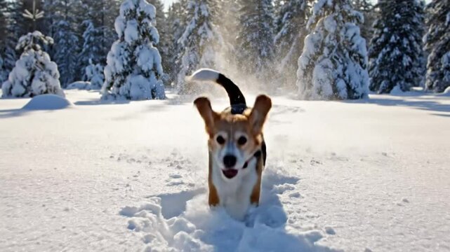 Happy beagle dog bounding through fresh, sparkling snow with excited expression in winter forest on sunny day