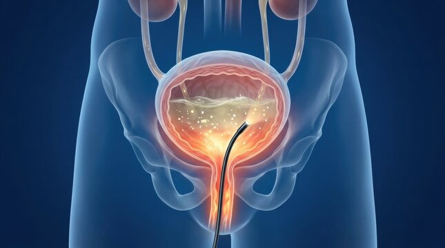 Medical illustration of cystoscopy procedure examining the bladder and urethra