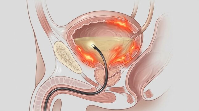 Medical illustration of cystoscopy procedure showing inflamed bladder and urethra