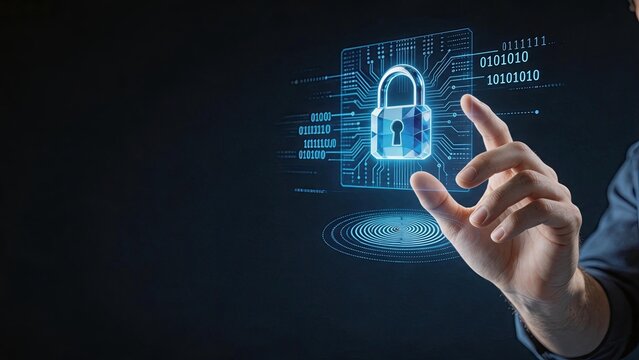 Cyber security concept featuring digital padlock on circuit board with binary code, hand interacting with holographic protection shield for data privacy and encryption