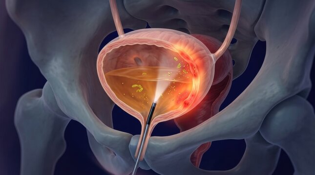 Medical illustration of cystoscopy procedure examining bladder infection and bacteria