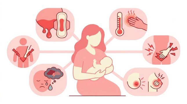 Collection of icons illustrating common postpartum concerns for mothers, including breastfeeding and emotional support, along with physical symptoms.