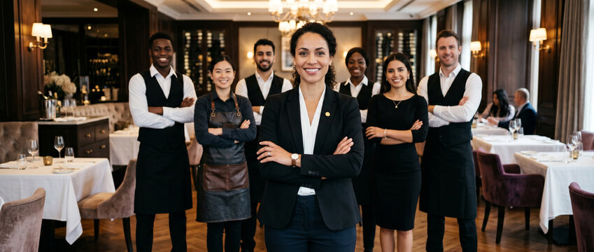 Diverse restaurant staff standing in upscale dining restaurant with confident female manager waiters bartenders hosts, luxury hospitality environment, professional service team portrait, fine dining
