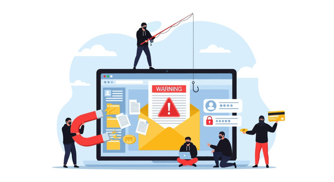 Phishing scam, email threat, cybersecurity concept, vector illustration, warning signs, online security, people icons