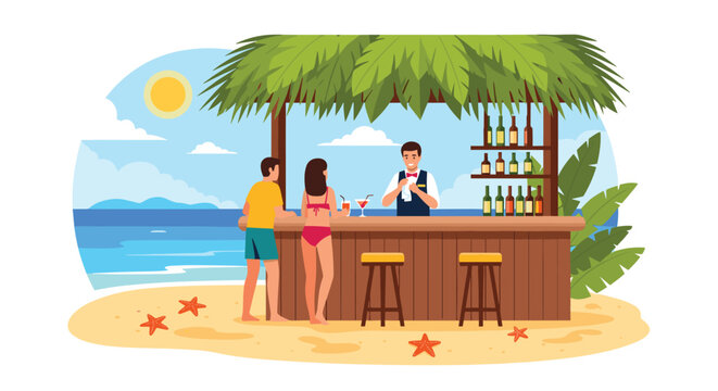 Summer beach bar scene with a bartender serving a couple under a tropical thatched roof overlooking the ocean and mountains during a sunny day.