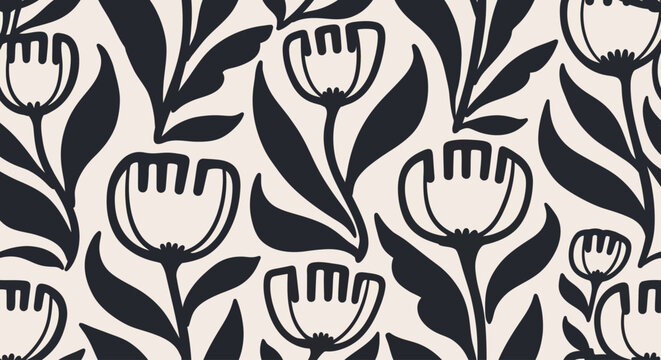 Black and white floral pattern, seamless tulip design, botanical vector illustration, decorative flower wallpaper